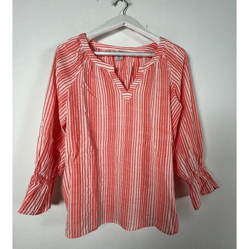 Tommy Bahama Women's Long Sleeve Blouse Striped Coral Orange Medium Lightweight